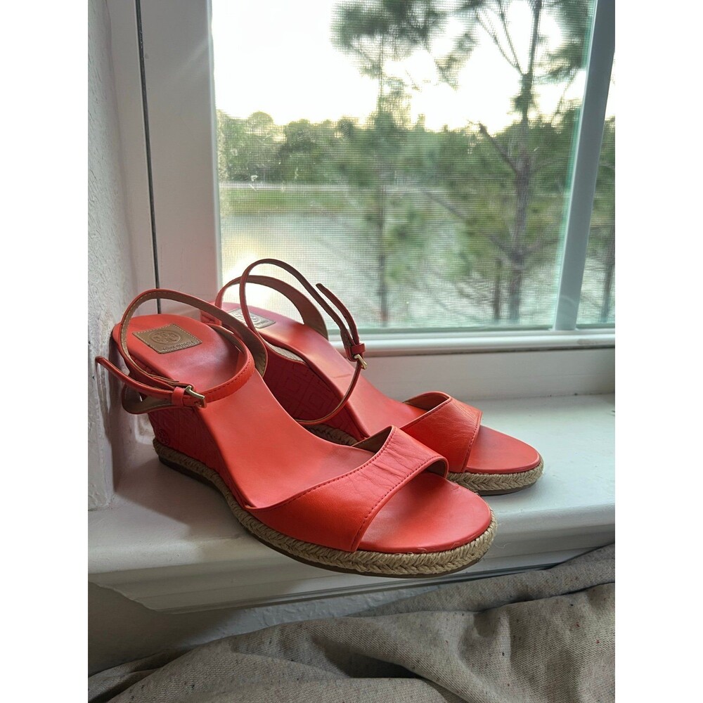 Tory Burch Marion Leather Quilted Wedge Strappy Sandals in Orange Women’s Size 9 - Picture 2 of 12